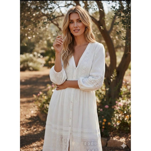 Free People Dresses & Skirts - Free People White Lace In The Garden Duster Dress Boho Maxi Swiss Dot Small